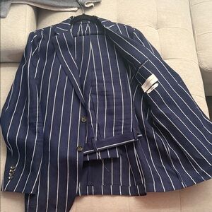 Suitsupply Dark Blue Linen Jacket with White Stripes